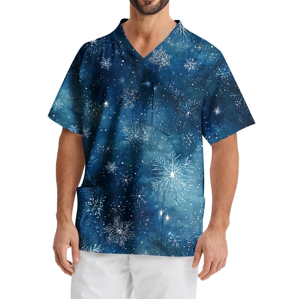 Men's Printing Short Sleeve V-neck Working Blouse Chest Pocket Carer Top