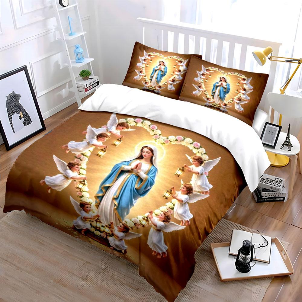 Virgin Mary Angel Wreath Bedding Set Religious Christian Art Print Duvet Cover 2 Pillowcases Single Double King Queen Gift