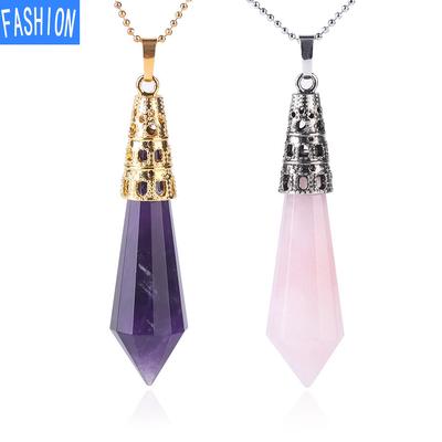 Women'S Necklace Natural Crystal Stone Hexagon Pendant Bullet Titanium Steel Necklace European And American Fashion