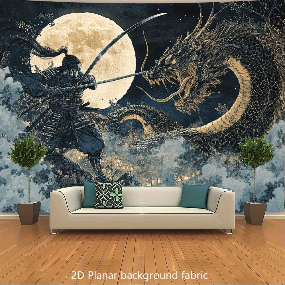 Samurai Warrior Dragon Moon Night Battle Scene Japanese Mythology Tapestry Wall Hanging Decor 2D Planar Background Fabric