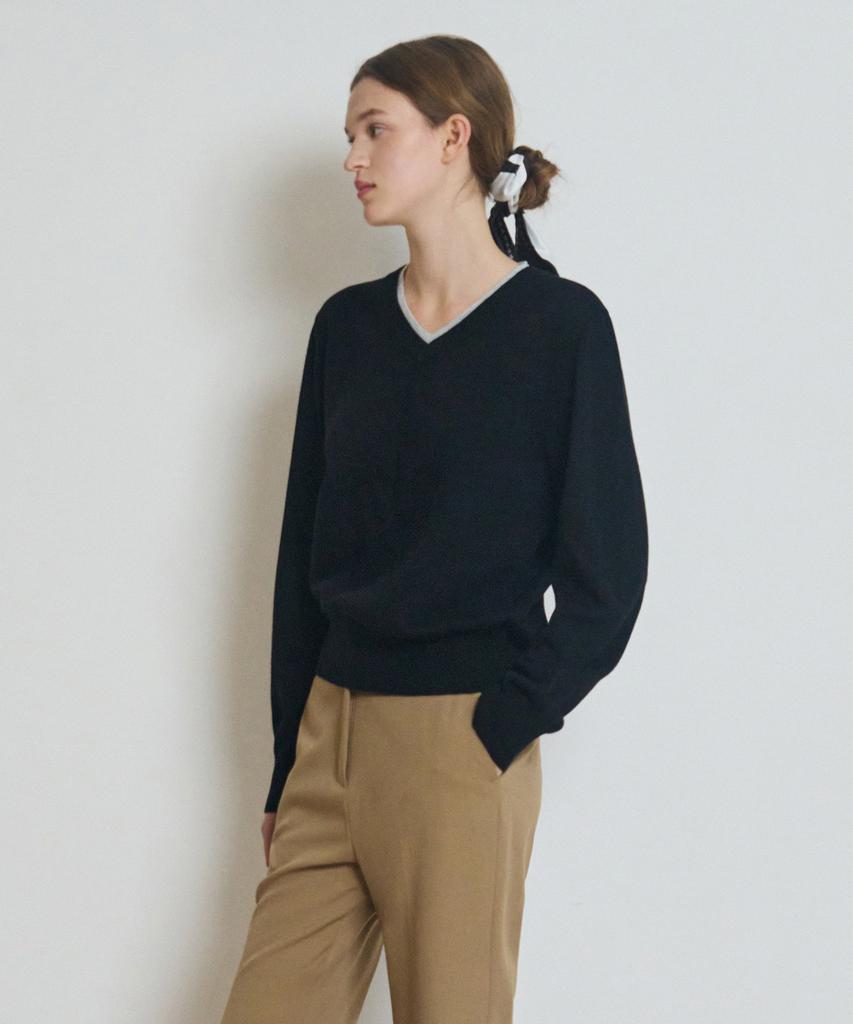 Deuloupisumeon Two-Fly Rib V-Neck Wool Blended Knit [Black]