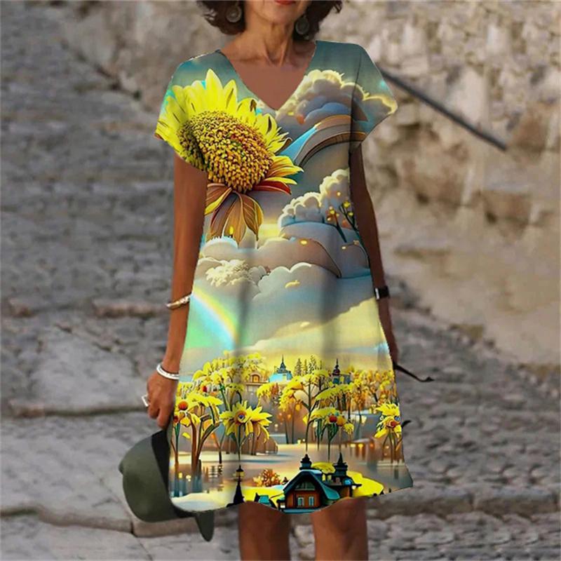 Fantasy 3D Print Women Dress Fashion Elegant Sweet Casual V-Neck Short Sleeve A-Line Dress Oversized Summer Scenery Dress