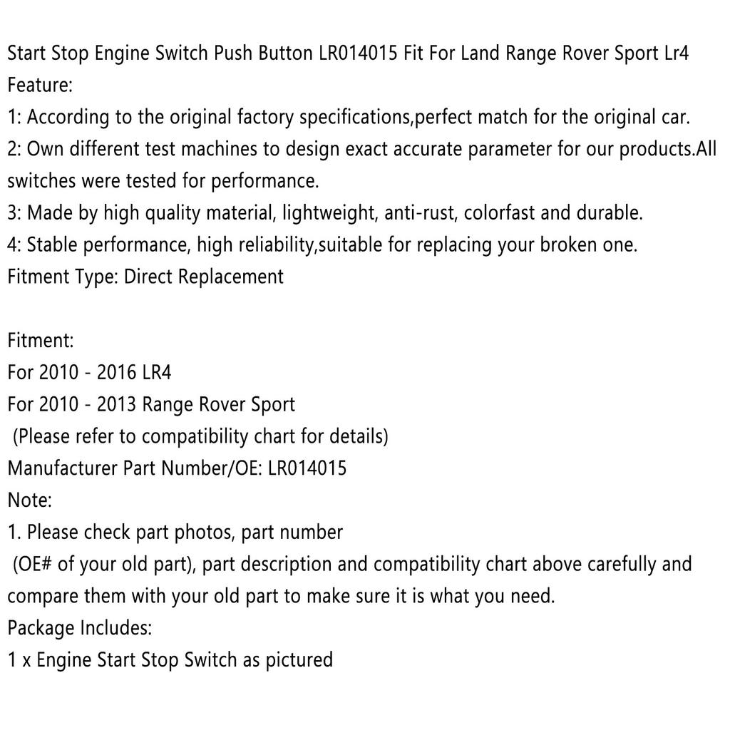 Start Stop Engine Switch Push Button LR014015 Fit For Land Range Rover Sport LR4