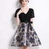 Summer Women V-neck Short Sleeve Vintage Jacquard Flower Lace Patchwork Party Lace-up Dresses