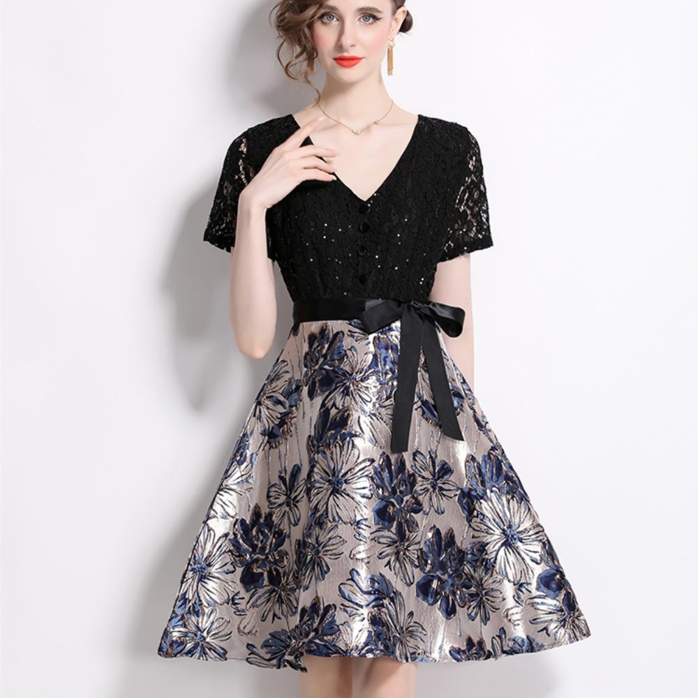 Summer Women V-neck Short Sleeve Vintage Jacquard Flower Lace Patchwork Party Lace-up Dresses