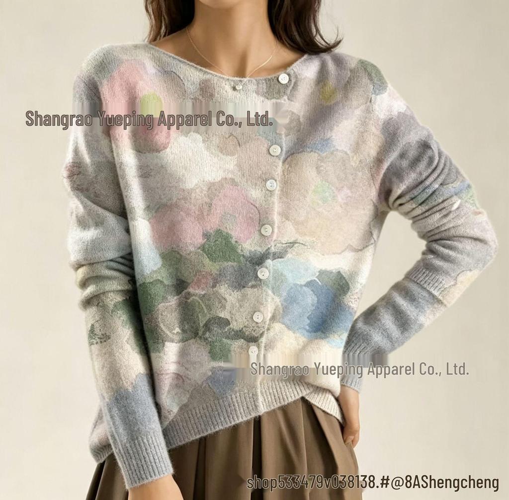 2026 Round Neck Loose Knit 3D Print Cardigan Sweater