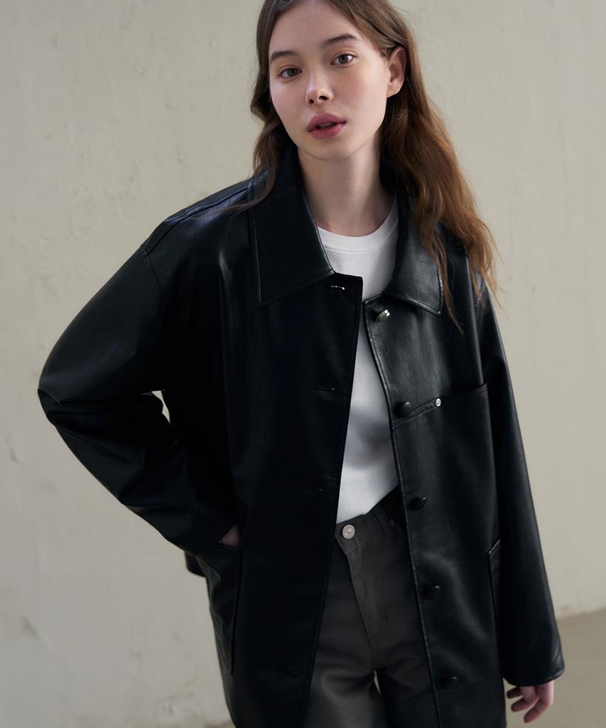 Drawfit Women Button Leather Half Jacket [D.Brown]