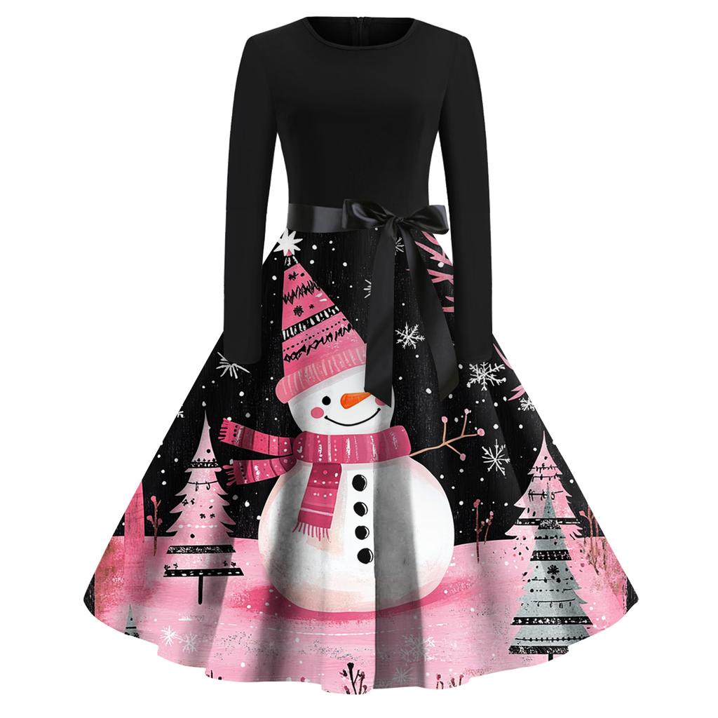 Women's Fashion Round Casual Slim Fit Christmas Print Large Swing Long Sleeve Dress