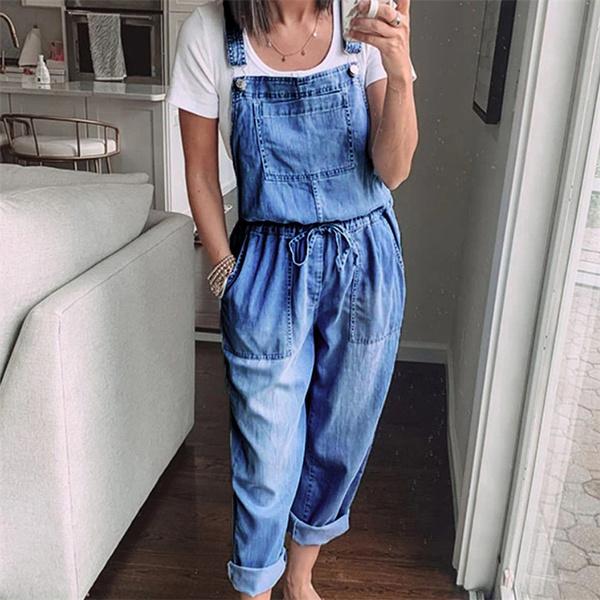 Tuta in Denim Casual Colori Puri da Donna Tuta Lunga Larga Salopette Jeans per Donne Tuta con Vita a Coulisse