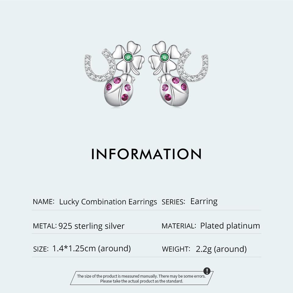 WOSTU 925 Srebro Sterling Wielokolorowe Lucky Four Clover Biedronka Kolczyki Sztyfty Dla Kobiet Piękne Klipsy Do Uszu Biżuteria Prezent Urodzinowy