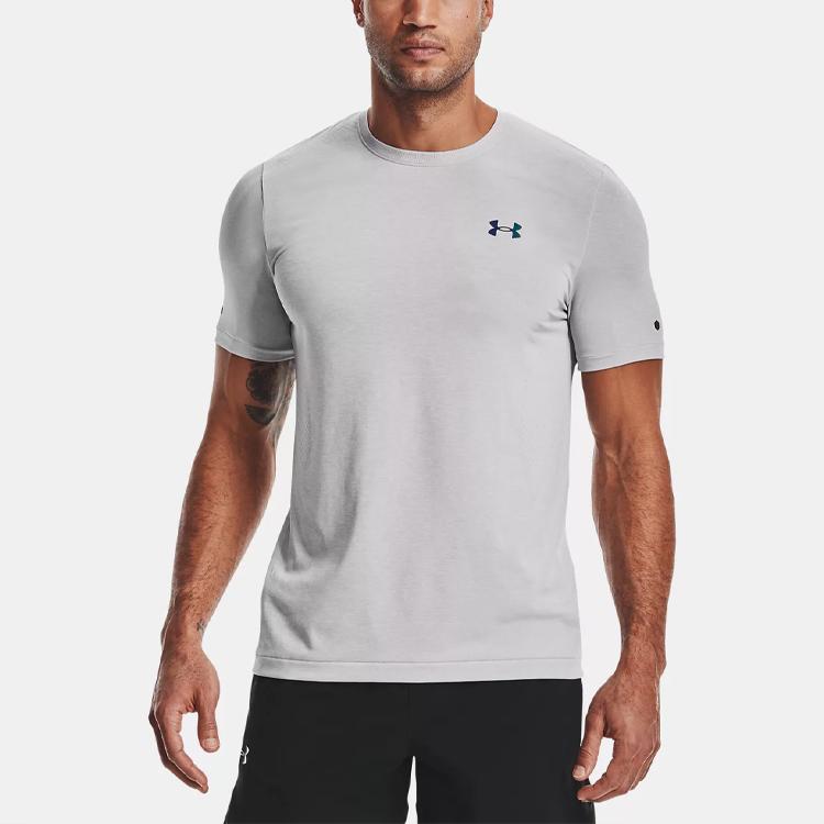 Under Armour Rush Series Solid Color Logo Training Slim Fit Printed T-Shirt Men Tops Halo-Gray 1361130-014