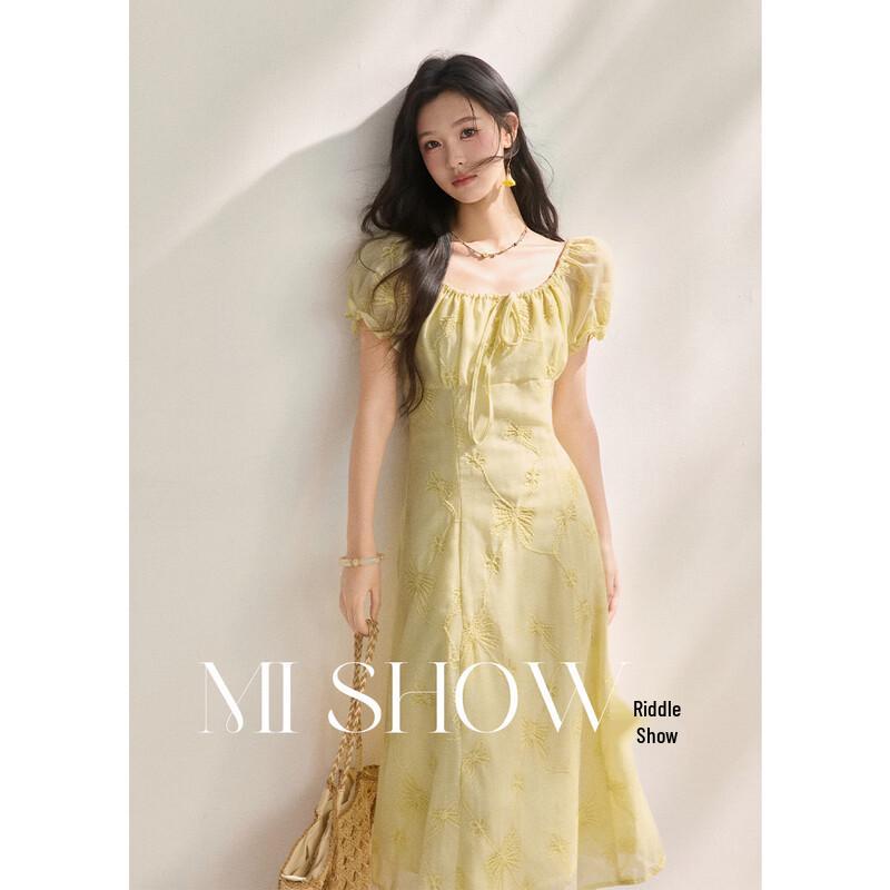 Mishow Women s Embroidered Puff Sleeve A-line Dress S