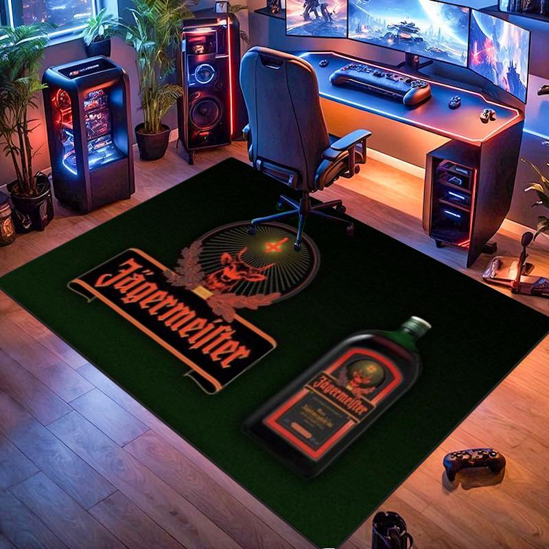 Jagermeister Logo Cervo Emblema Bottiglia di Liquore Area di Stampa Verde Scuro Tappeto Tappeto Rettangolare Antiscivolo Stile Bar Man Cave Stanza dei Giochi Tappeto per Arredamento Casa