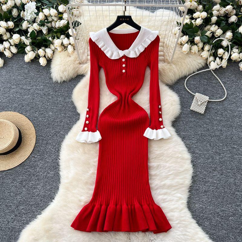 

French Retro Contrast-Color Doll Collar Waist Trimming Knitted Dress Female Elastic Slim Fit Slimming Elegant Ruffled Long Dress Red All yards