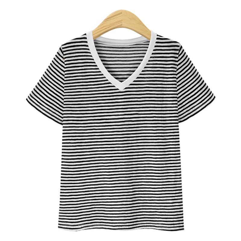 Summer Casual Striped T Shirt Pinstripe T-Shirt V-Neck T-Shirt Classic-Fit Short Sleeve T-Shirt for Female Women's Commuter Fashion T-Shirt