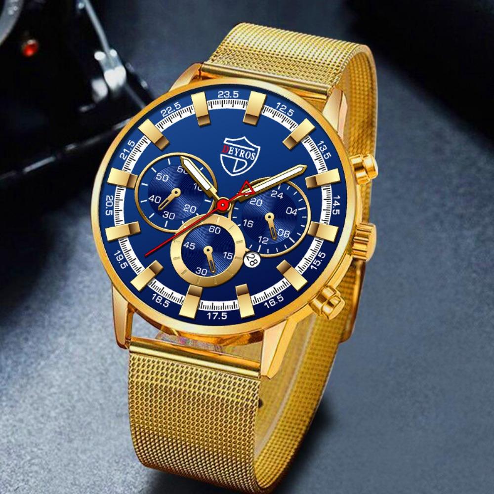 3ST Set Mode Business Guld Lyx Herrklocka Rostfritt stål Mesh-rem Datum Herrklocka & Armband & Korshänge, Herrpresenter