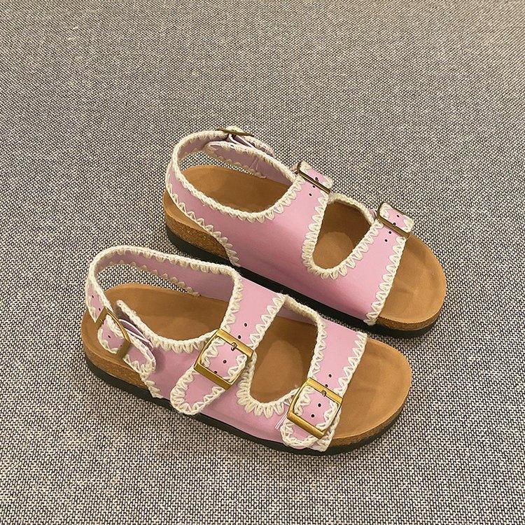 Sheepskin Edition~Retro One Word Buckle Externally Wearing Boken Shoes Summer Fashion Round Head Thick Bottom Beach Sandals