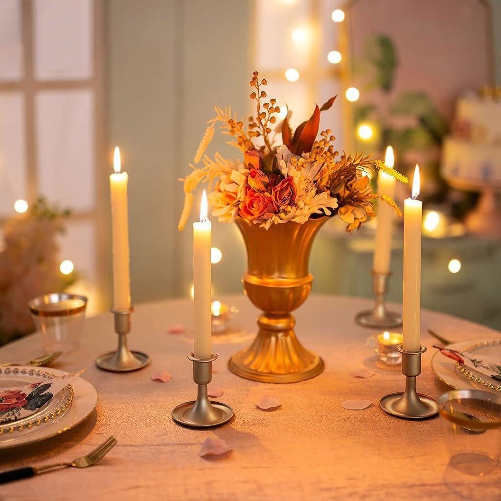 Taper Candleholder Stand Gold Metal Wide Base Mantel Display Holds Taper Candles, Wide Base Helps Reduce Tipping, Gold Metal, Table and Mantel Display