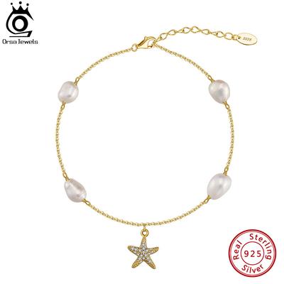 ORSA JEWELS Natural Freshwater Pearl and Starfish 925 Silver Chain Ankelt for Women Summer Holiday Anklets Jewelry SA74