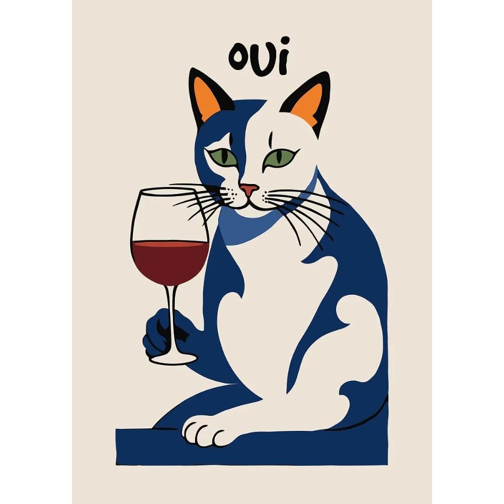 Funny Cats French Jazz and Wine Posters Reading Hobbies Cartoon Prints Canvas Painting Wall Art Pictures Home Living Room Decor