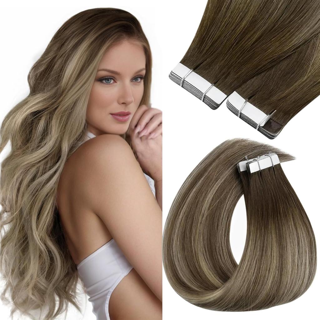VeSunny Remy Tape In Hair Extensions Brazilian Human Natural Hair 12-22 inches 30&50G Balayage Human Hair Extensions