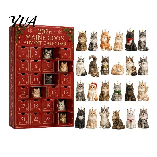 24 Day Christmas Countdown Cat Advent Calendar, with Cute Ornaments, Calendar 2D Acrylic Kitty Holiday Decorations, Gift for Kids, Party