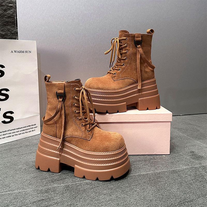 British Martin Boots Women's Autumn and Winter New Single Boots Retro Lace-up Thick-soled Heightening Muffin Thin Short Boots