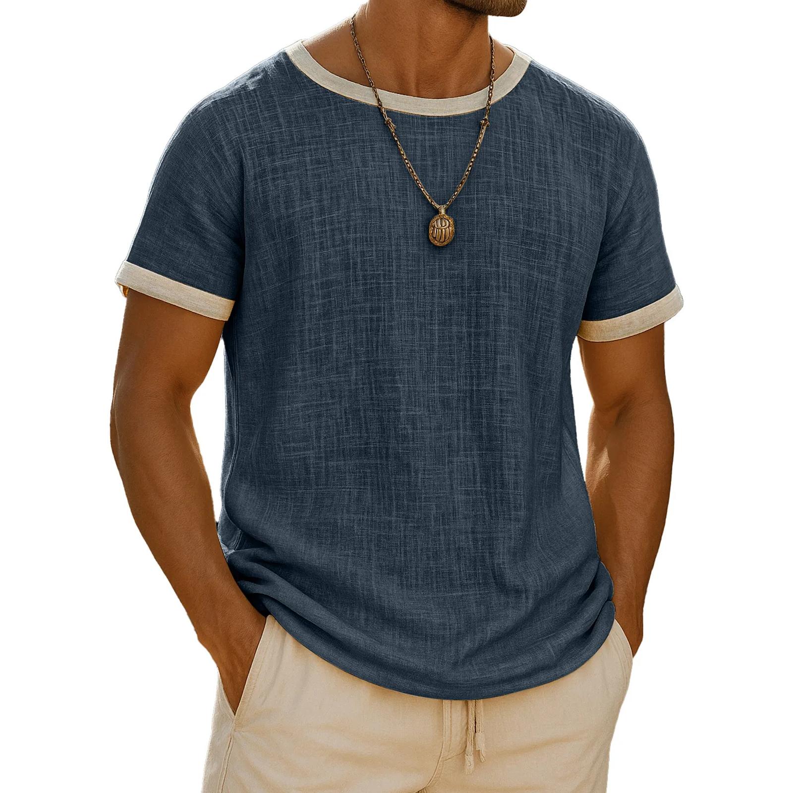 Men s Retro Casual Round Neck Color Block ShortSleeve TShirt L тёмно-синий 3100₽