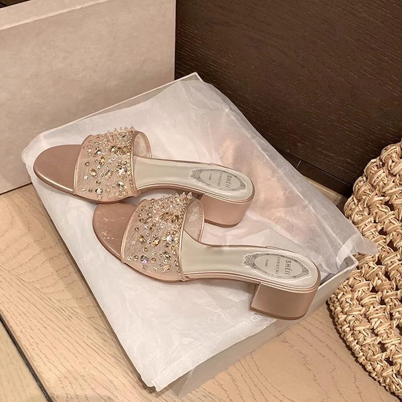 

Сетчатые шлепанцы на толстом каблуке со стразами женские сандалии на ужин женская летняя обувь 40