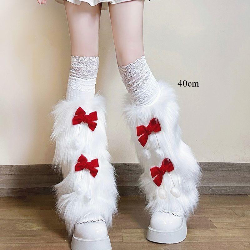 Bowknot Plush Leg Warmers - Autumn/winter Faux Fur White Mid-calf Socks