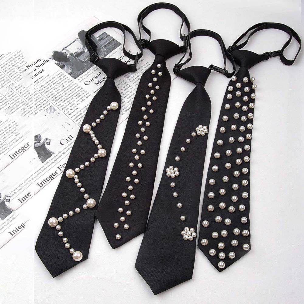Korean Style Pearls Tie Black Decoration Shirt Tie Elegant Hand-beaded Long Necktie Students