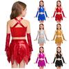Girls Jazz Dance Performance Costume Cross Keyhole Sparkly Sequins Metallic Crop Top Asymmetric Skirt Set
