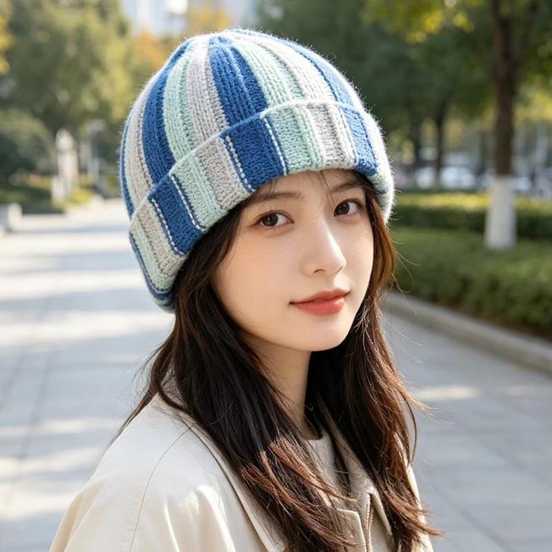 Retro contrasting striped knitted hat women's autumn and winter flanged cold hat versatile wool showing face small warm melon fur hat