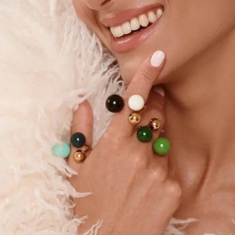 Geometric Spherical Stainless Steel Gold Plated Trendy Open Ring For Women Featuring Three Colorful Enamel Droplet-Shaped Rings