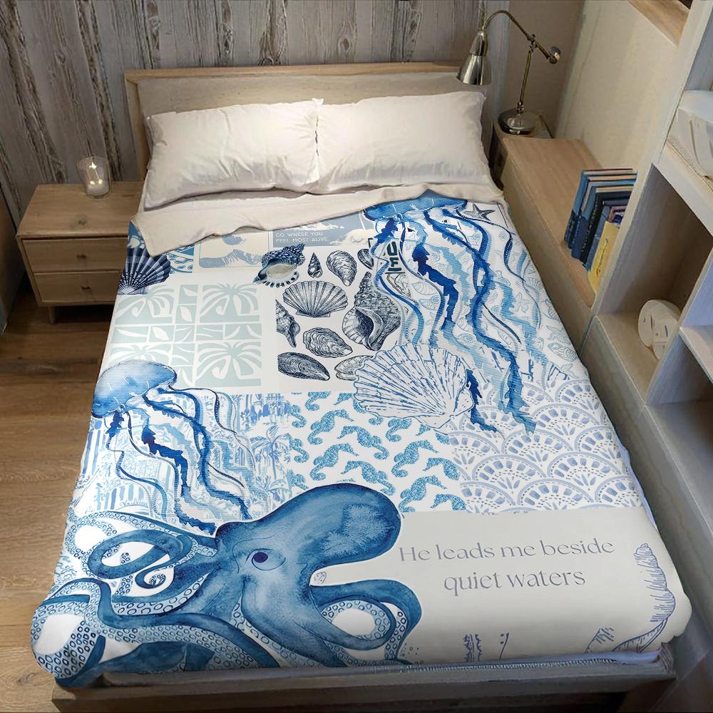 Oceanic Collage Flannel Blanket Warm Soft Halloween Christmas Couch Warm Cozy Decorative Decor Gift For All Season
