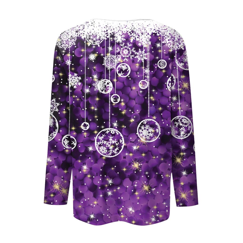 Women's Casual Christmas Printing Button Neck Long Sleeved Pullover Top Blouse