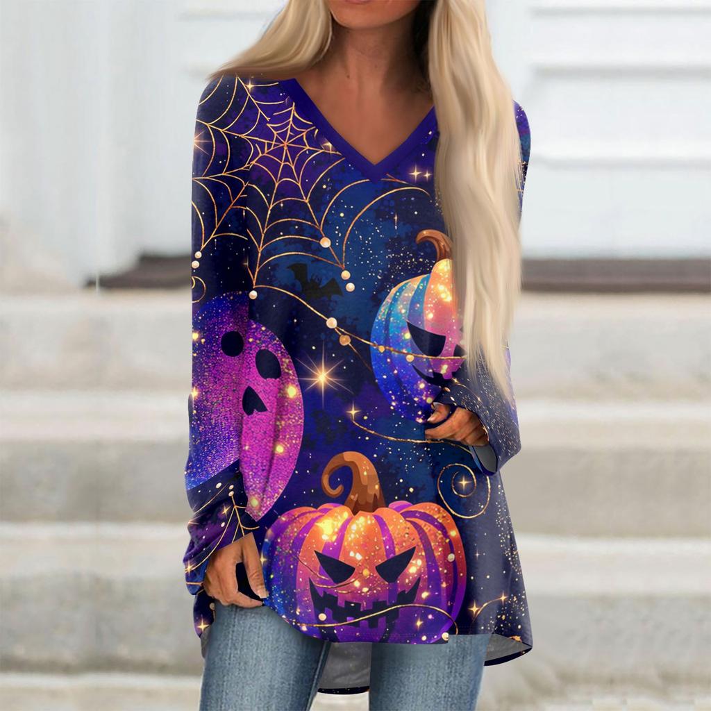 Women's Long Sleeve V-Neck Halloween Print Tunic Top Casual Tee