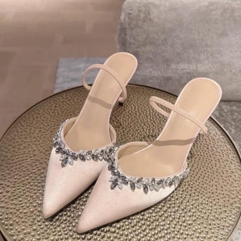 Modern High Heel Pointed Toe Sandals Women Summer Thin Heel Apricot Crystal Design Office Shoes Woman Luxury Party Shoes Mujer