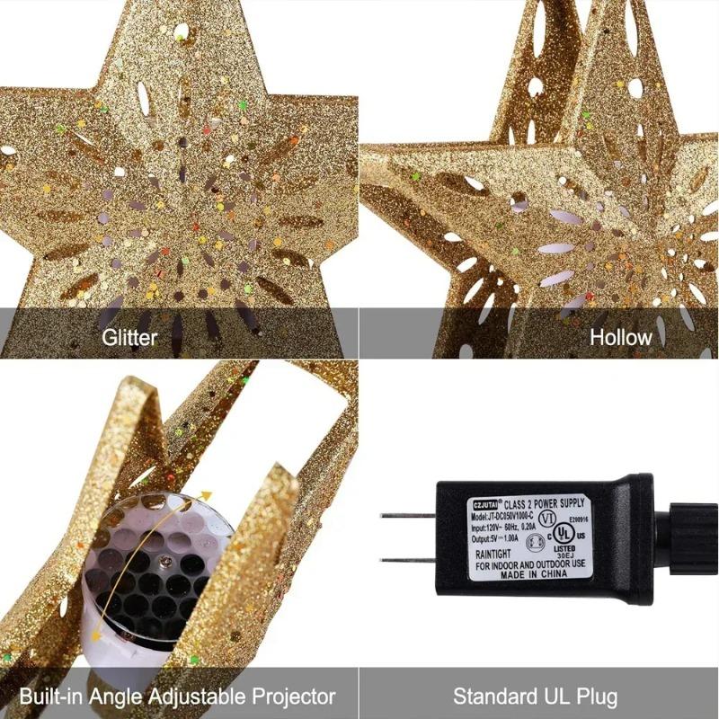 Christmas Tree Topper Decor 3D Glitter Star LED Rotating Snowflake Projector Christmas Tree Ornaments Holiday Party Hanging Lamp
