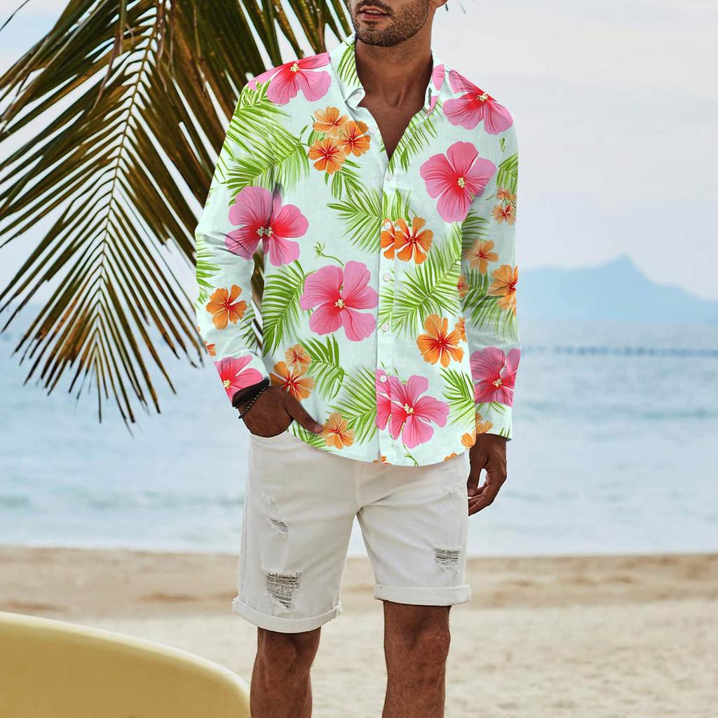 Men's Fashion Long Sleeve Printed Casual T Shirt Button Regular Fit Shirt Top