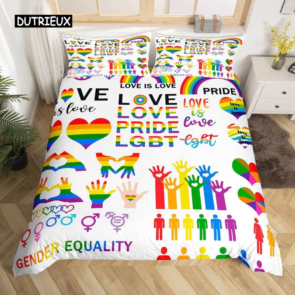 Love is Love Duvet Cover Rainbow Bedding Set Pride for Love Theme Romantic Comforter Cover Colorful Cartoon Car Bedspread Cover
