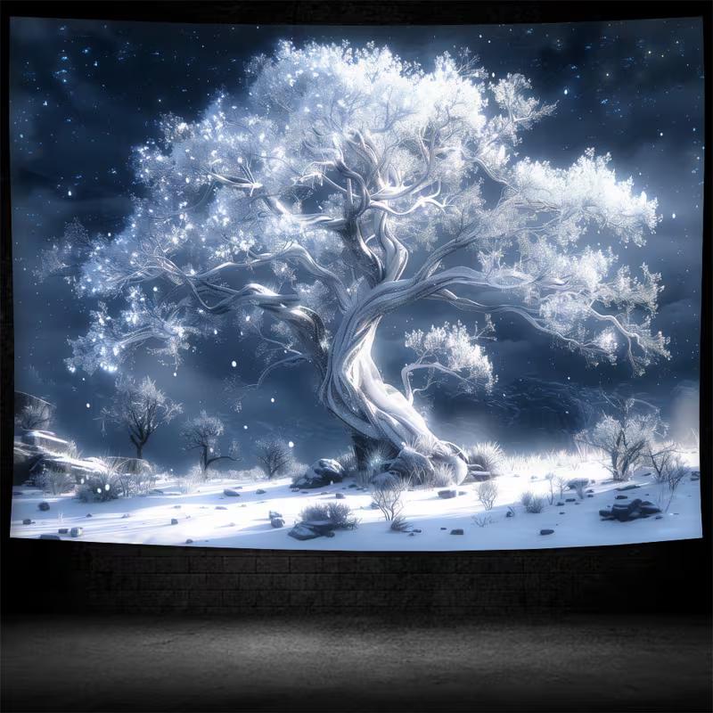 2D Mystical White Ice Tree Tapestry Glowing Winter Night Fantasy Wall Decor Cloth for Home & Bedroom