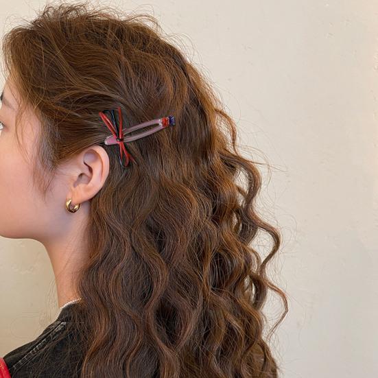2Pcs Women Hairpins Shiny Rhinestones Patchwork Color Ribbon Bow Stable Grip Hair Clips Versatile Hair Accessories