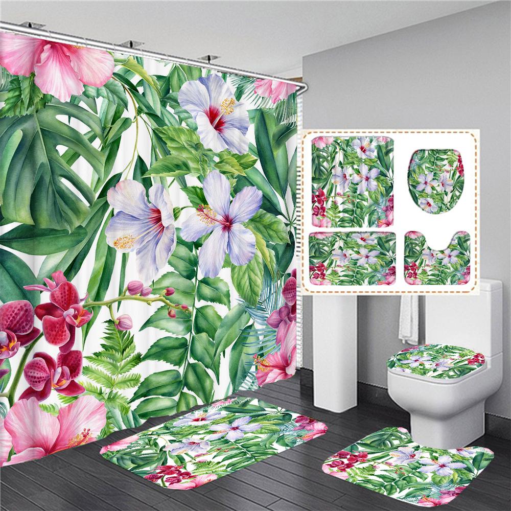 Flower Print Shower Curtain European Style Floral Waterproof Bathroom Curtains Home Decoration Non-Slip Rugs Bath Mat Set