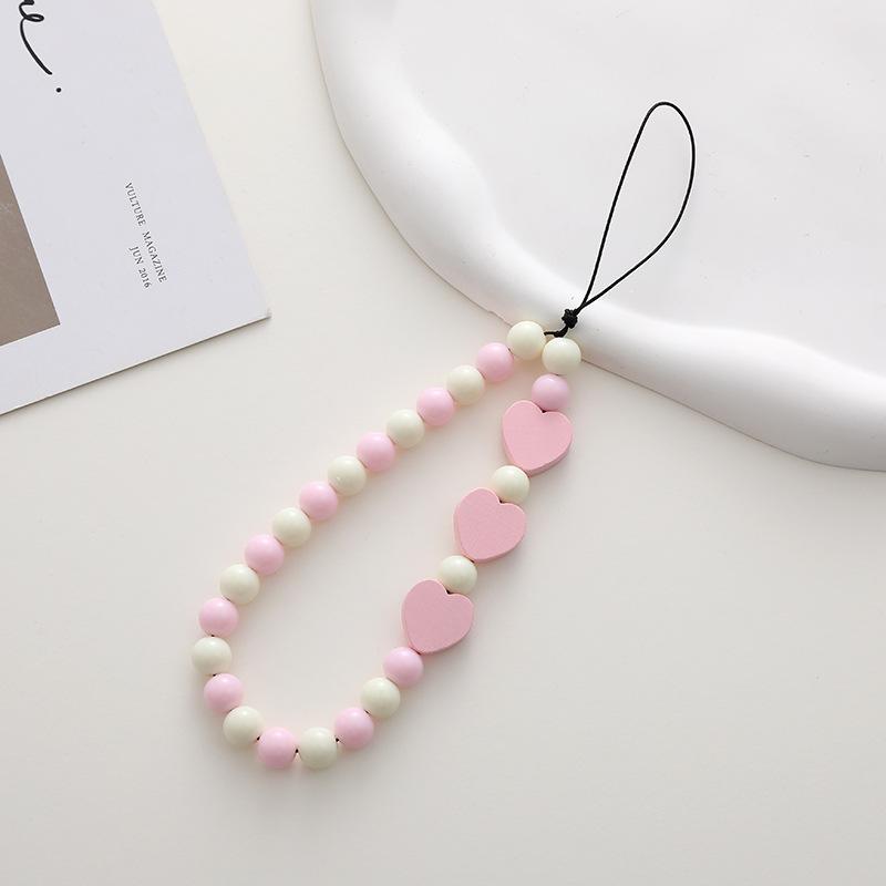 New Heart-Shaped Beaded Phone Chain, Wooden Heart Accessory, Anti-Drop and Anti-Loss Phone Case Pendant, Wristband