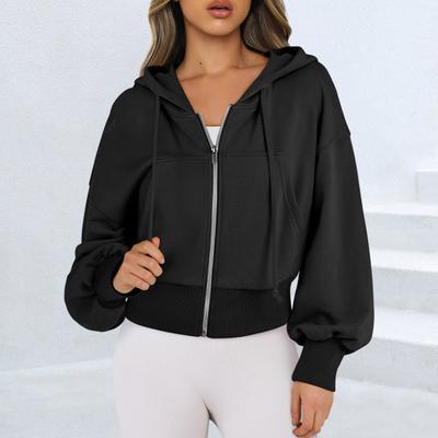 Women Fall Winter Hoodie Short Type Hooded Long Sleeves with Pocket Zipper Closure