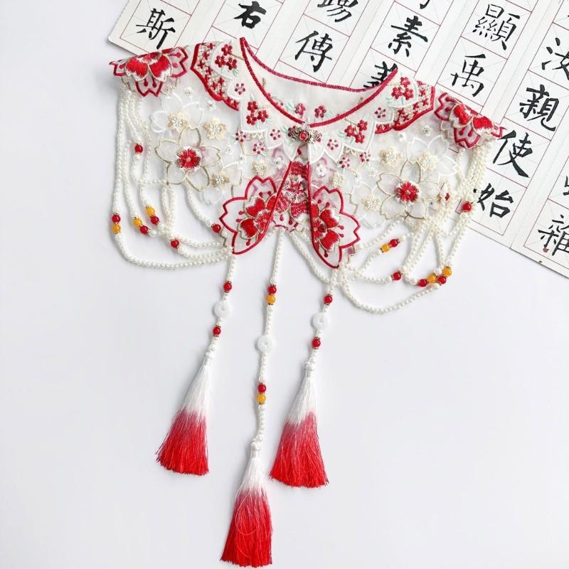 Traditional Chinese Styles Embroidery Collar Tassels Pearls Detachable Cloud Cape Decorative Collar Costume Accessory