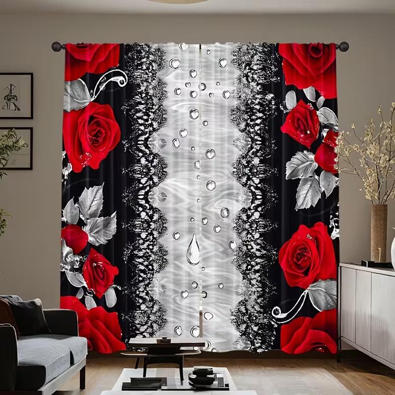 2Pcs Valentine's Day rose print curtains,suitable for bedroom,living room kitchen decoration,home decoration,window decoration