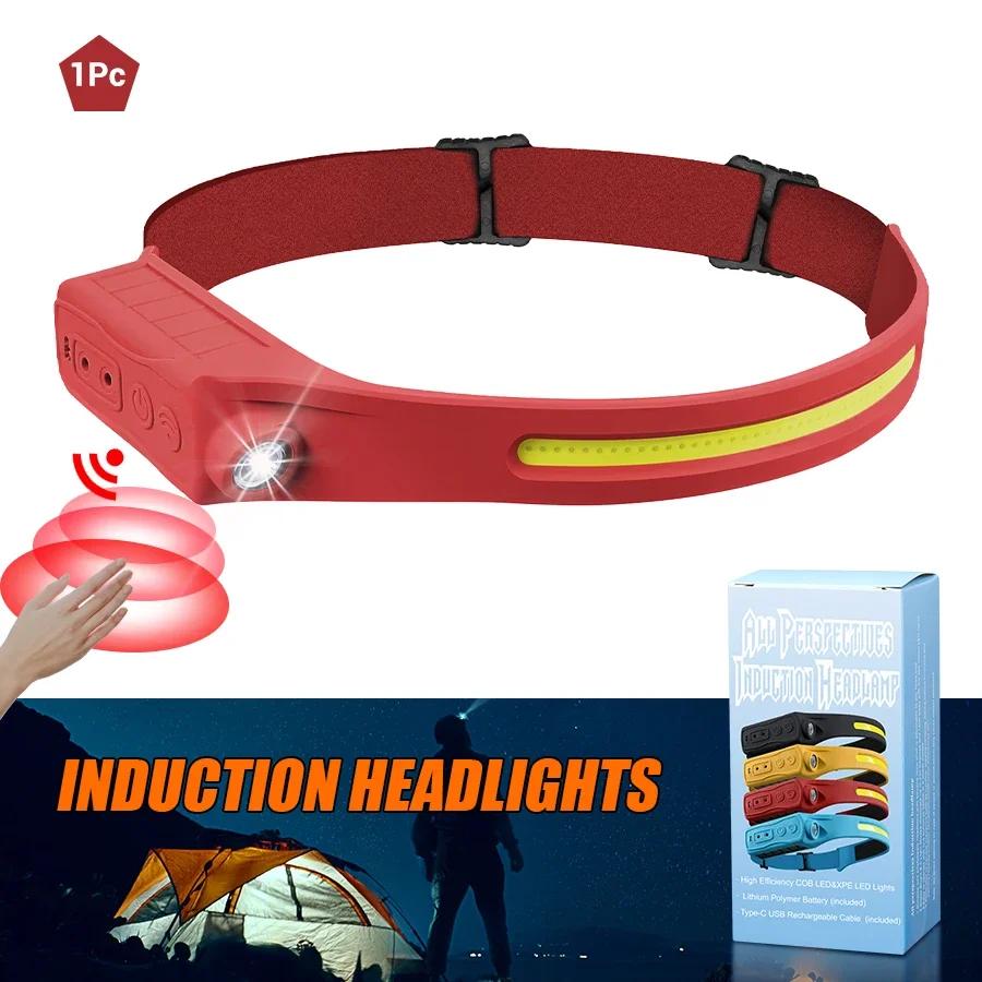 Sensor LED Headlamp Rechargeable COB Floodlight Flashlight 5 Lighting Modes Head Torch for Fishing Camping, Work Practical Gift