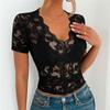 Spring Summer V-Neck Short Sleeve Lace Tshirt Woemen Solid Color Women's Slim Fit Thin Sexy Tshirt Elegant Semi Transparent Crop Tops